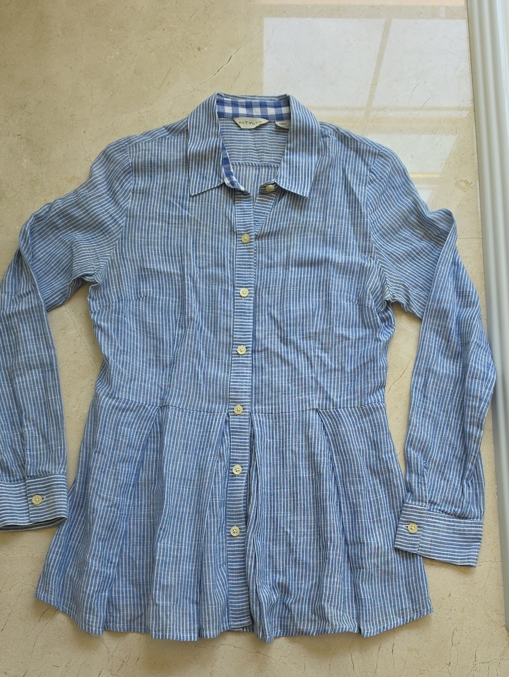 Women’s Light Blue Striped Button-Down Shirt - Relaxed Peplum Style